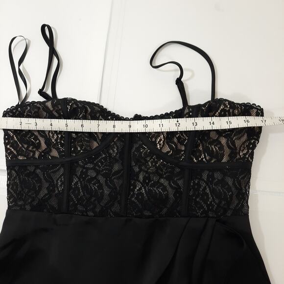 NWT Black Satin Lace Midi Dress Sz Large Corset Ruffle Hem Formal Cocktail - Picture 10 of 12